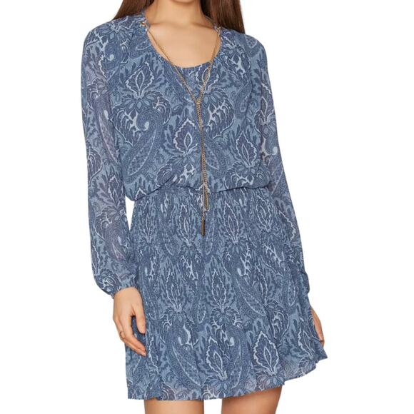 Michael Kors Blue Paisley Peasant Sleeve U Neck sheath Chiffon Dress formal - Picture 1 of 16